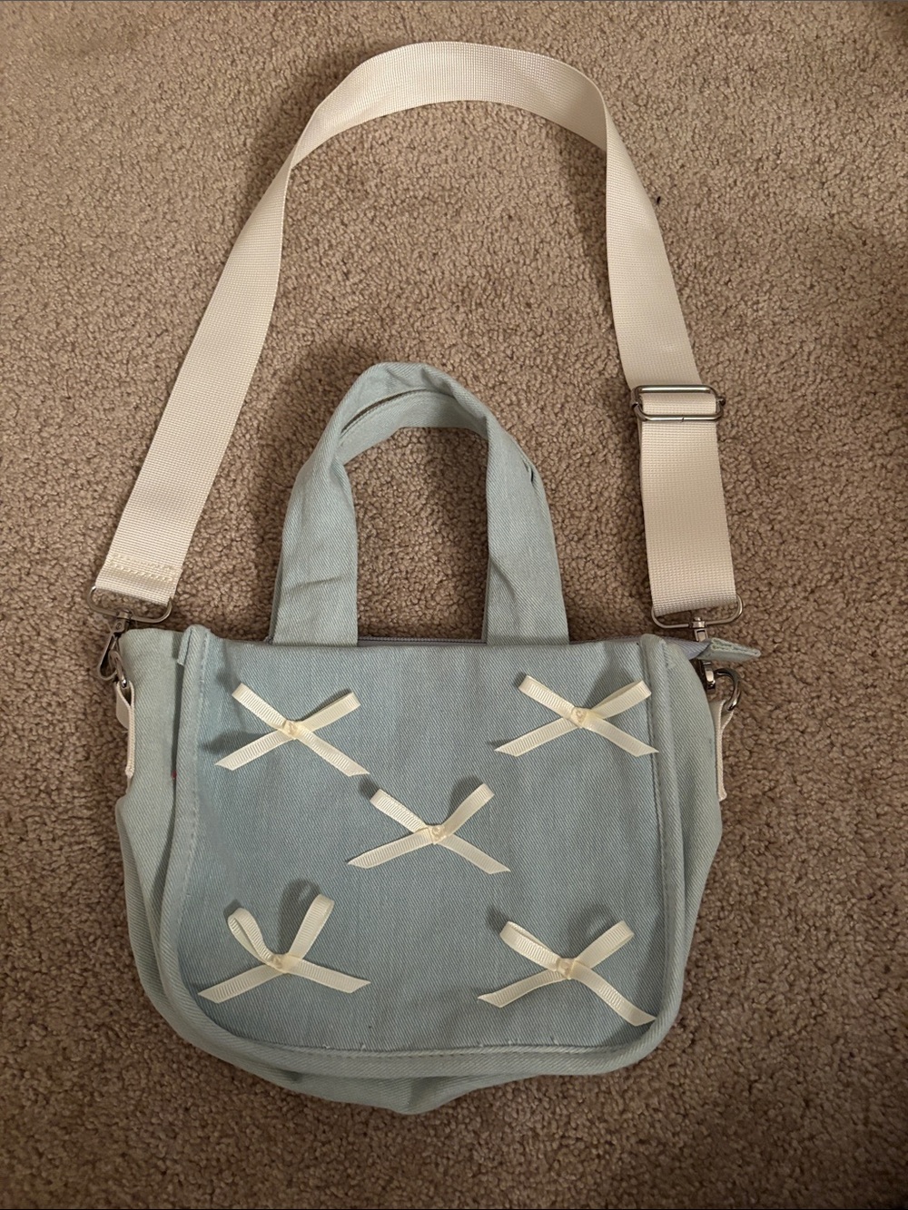 Art Class Light Blue Canvas Crossbody Bag with Cream Ribbon Bows